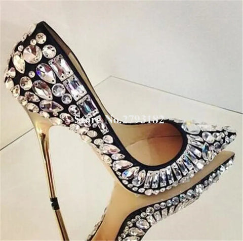 Women Luxurious Pointed Toe Bling Bling Rhinestone Heel Pumps Black White Crystal High Heels Wedding Dress Shoes