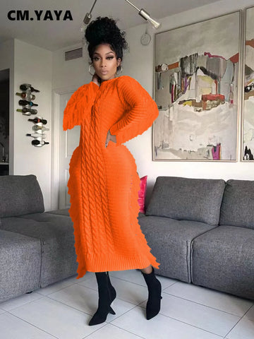Women Long Sleeve Tassel Bodycon Midi Knit Straight Maxi Dress