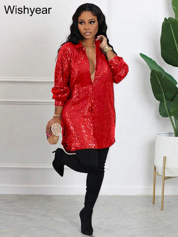 Elegant Evening Party Short Shirt Dress for Women Outfit Luxury Sequin Long Sleeve