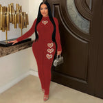 Diamonds Loveheart Hollow Out Solid Ribbed 2 Piece Set Women Turtleneck Long Sleeve Crop Tops Pencil Pants.