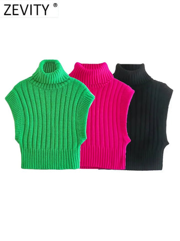 Basic Sleeveless 3 Colors Short Knitting Vest Sweater Female Chic High Collar Crop Waistcoat Pullovers