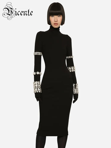 Luxury Party Dresses For Women Long Sleeve Gloves With Crystal Bandage Black.