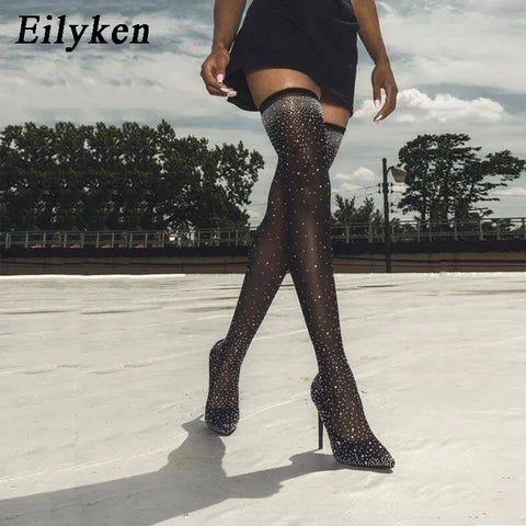 Crystal Rhinestone Stretch Fabric Sexy High Heels Sock Over-the-Knee Boots.