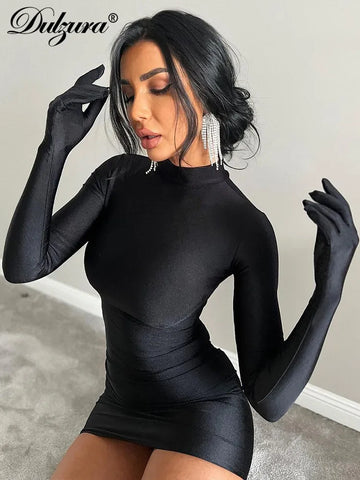 Solid Long Sleeve With Gloves Mini Bodycon Sexy Dress.