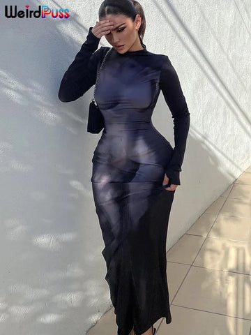Body Print Maxi Dress Women Sexy Aesthetics Long Sleeve Turtleneck Skinny Bodycon