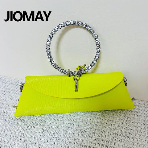 Luxury Handbag for Women with Chain Metal Ring Handle PU Leather Rhinestones Purses.