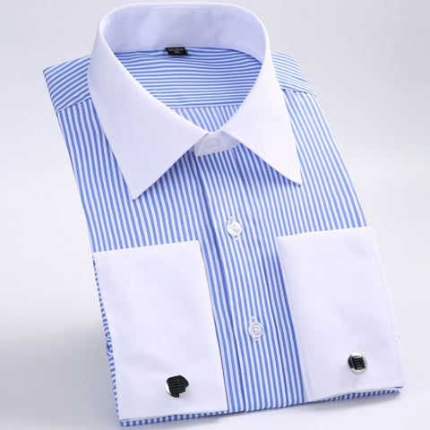 Classic French Cuffs Striped Single Patch Pocket Standard-fit Long Sleeve Wedding Shirts (Cufflink Included)