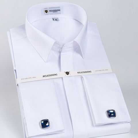 Classic French Cuff Hidden Button Dress Shirt Long-sleeve Formal Business Standard-fit White Shirts.