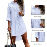 Spring Long Shirt Women Casual White Long Sleeve Pocket Button Up Collared Shirts.