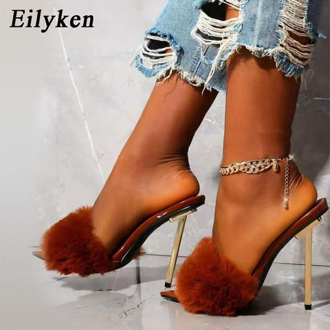 Fashion Faux Fur Women Mule High Heels Slippers Sandals Flip Flops Pointed toe
