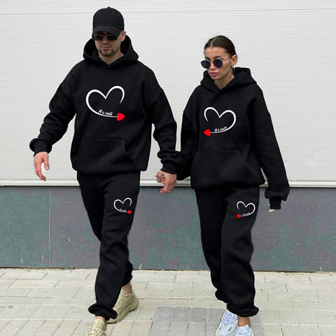 Couple Tracksuit With Her Print Lover Hoodie and Pants 2 Pieces.