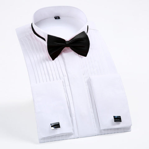 Tuxedo Formal Shirts with Red Black Bow Tie Party Dinner Wedding Bridegroom Tops